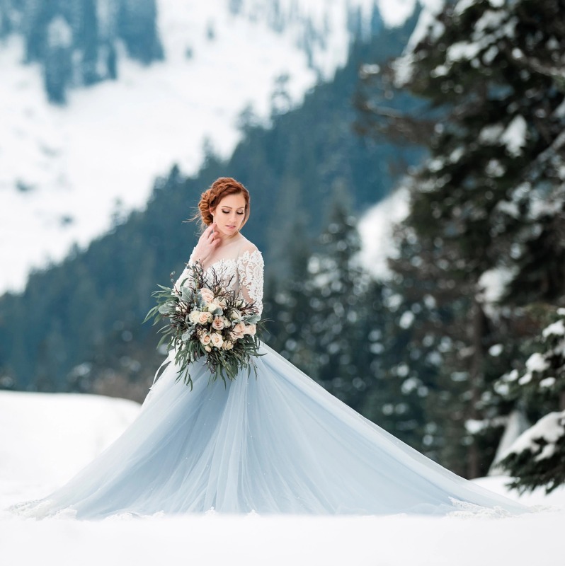 Grey Blue /Mauve Long Train Wedding Dress Bridal Gown