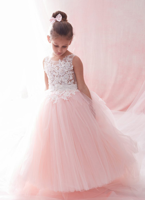 Blush Pink Lace Tulle Ruffle Girls Pageant Dress Girls Party Dress