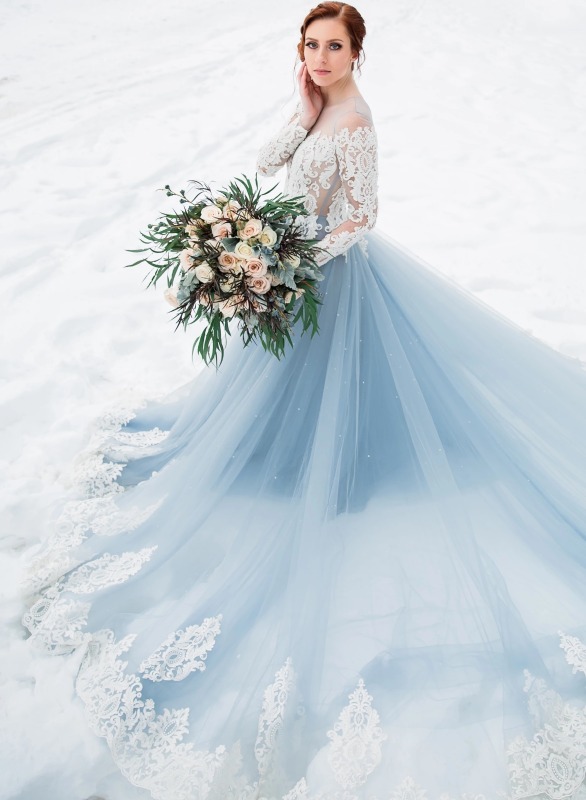 Grey Blue /Mauve Long Train Wedding Dress Bridal Gown