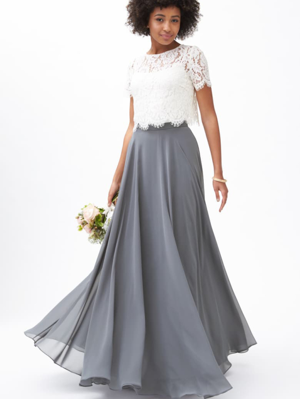 Grey Chiffon Wedding Skirt Ivory Lace Maxi 2 Pieces Dress