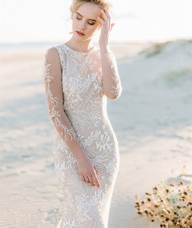 Long Sleeve Mermaid Lace Tulle Bridal Gown Wedding Dress
