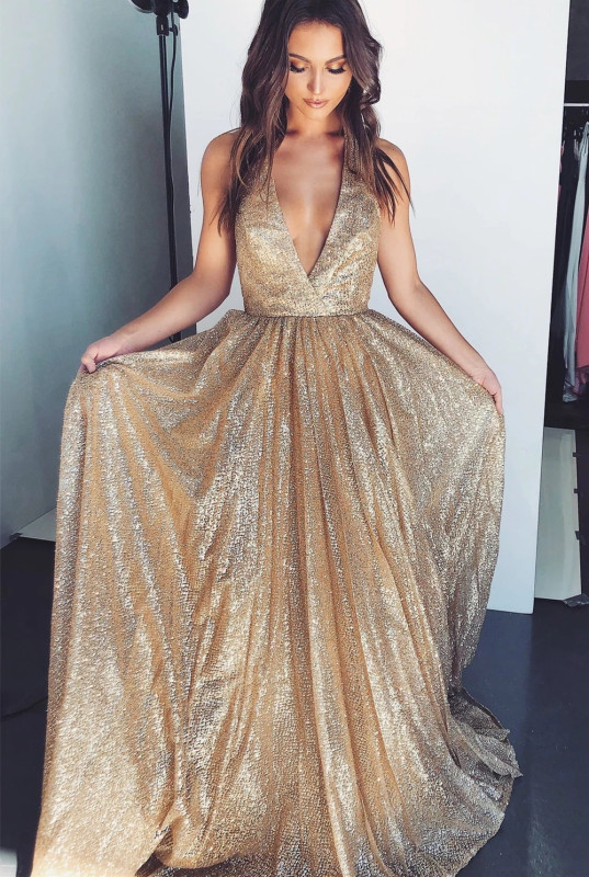 Gold Sequin Short Train Prom Dress