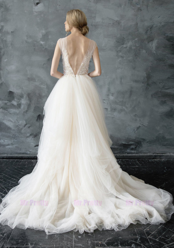 Ivory Lace Tulle Long Train  Bridal Dress V Back Wedding Dress