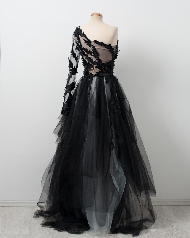 Black Wedding Dress Short Train Lace Tulle Prom Dress
