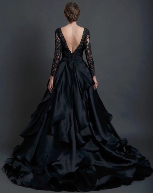 Black Lace Organza Long Train Wedding Dress