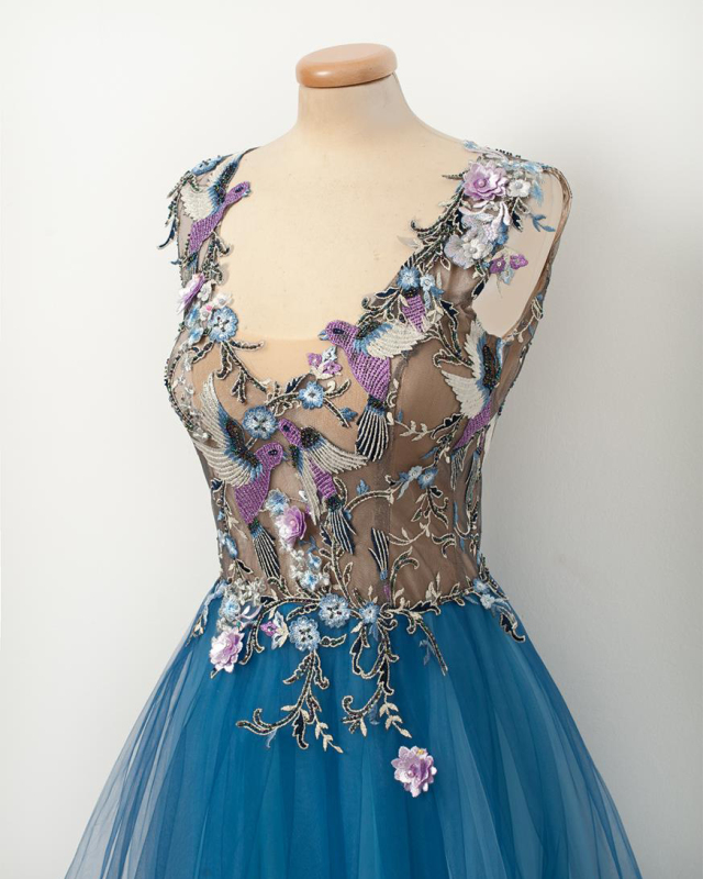 Blue Lace Tulle Short Train Prom Dress Bridal Dress