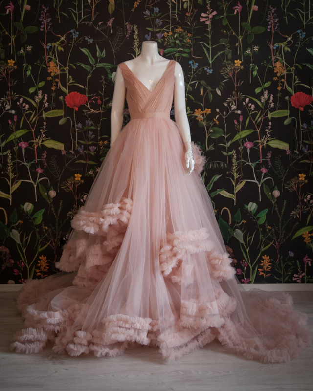 Pink Tulle Short Train Prom Dress Bridal Dress