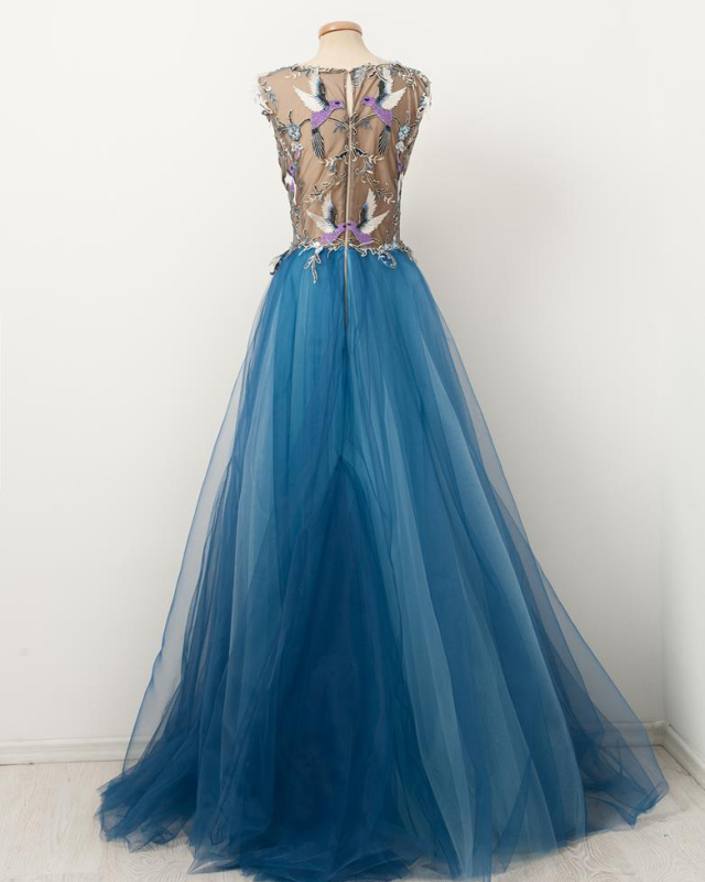 Blue Lace Tulle Short Train Prom Dress Bridal Dress