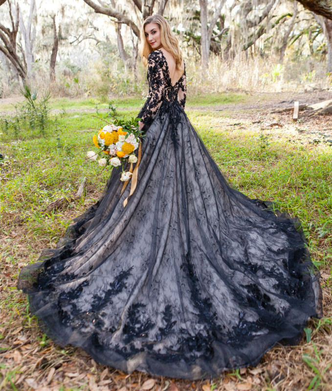 Black Lace Tulle Long Train Wedding Dress