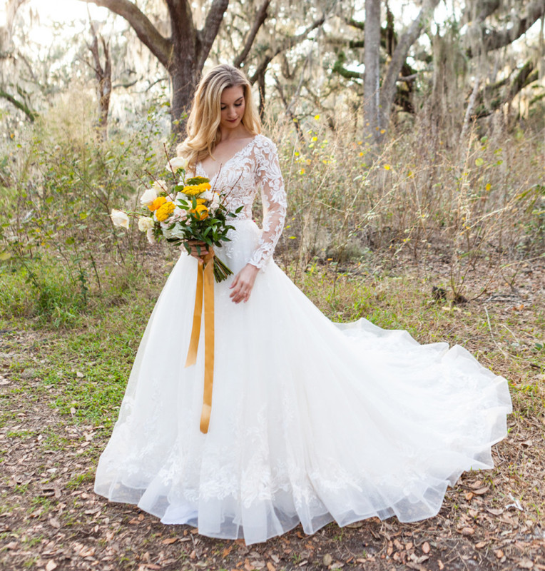 Ivory Lace Tulle Long Train Wedding Dress