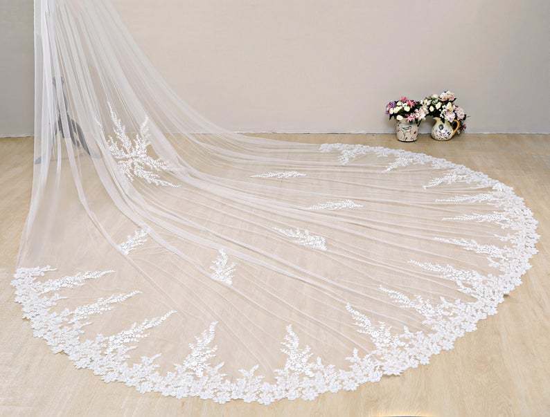Ivory Floral Bridal Veil Long Lace Wedding Veil