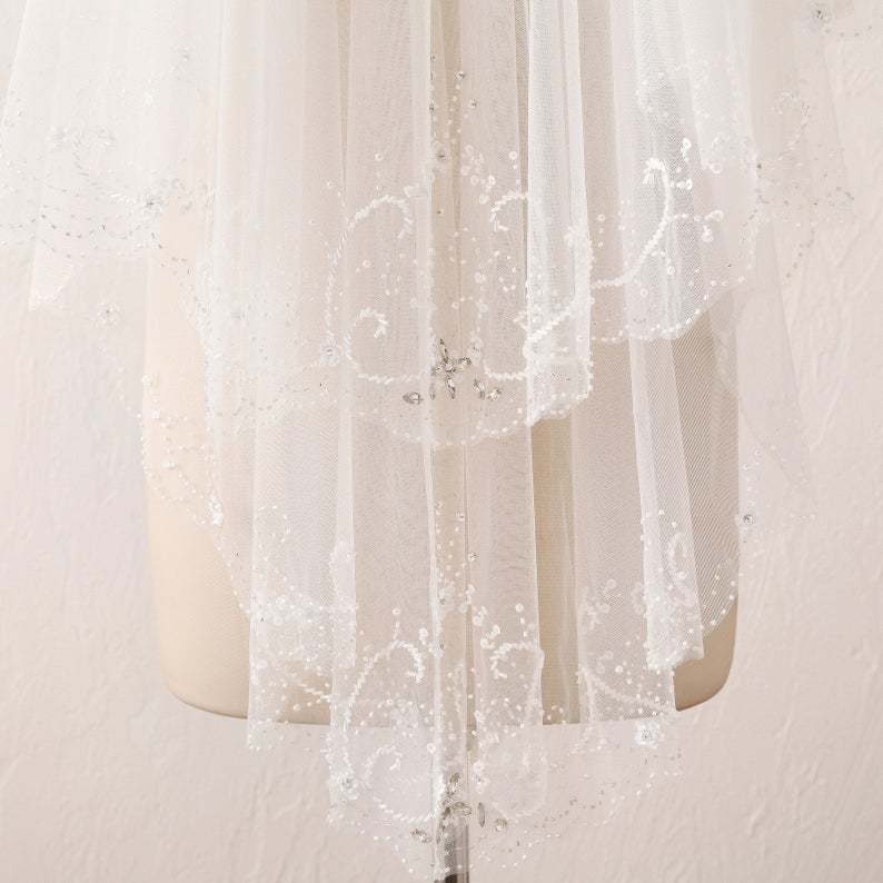 Ivory Wedding Veil Crystal Beaded Veil With Blusher