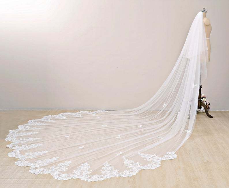 Cathedral Blusher Veil Chapel Veil with Lace Blusher Wedding Veil