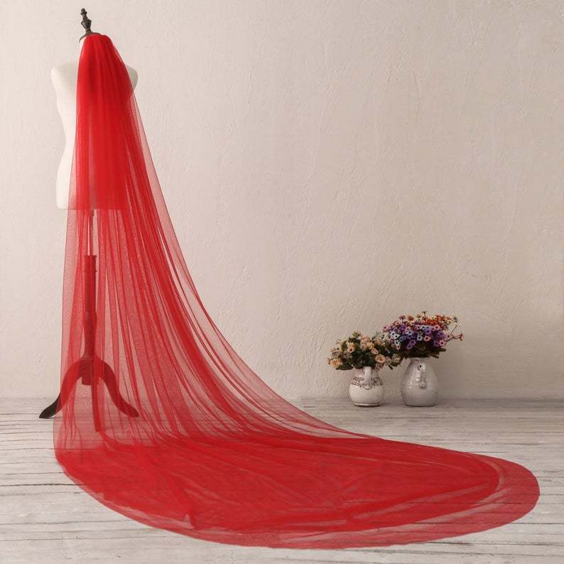 Red Soft Wedding Veil Long Plain Edge Bridal Veil