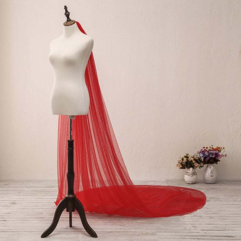 Red Soft Wedding Veil Long Plain Edge Bridal Veil