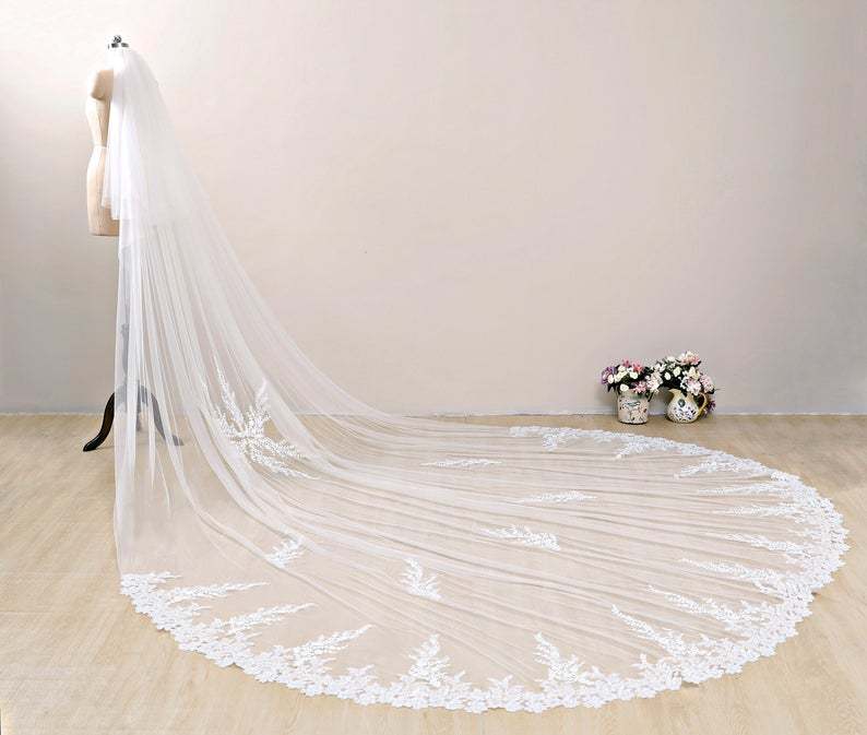 Ivory Floral Bridal Veil Long Lace Wedding Veil