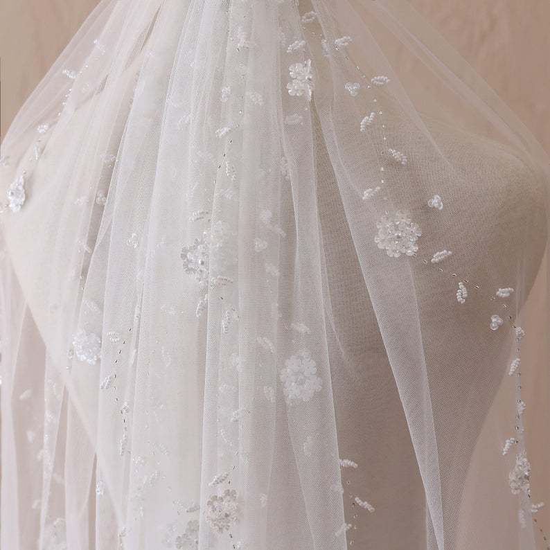 White Floral Trailing Wedding Veil Pearls Veil