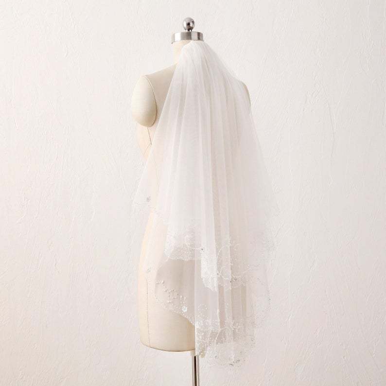 Ivory Wedding Veil Crystal Beaded Veil With Blusher