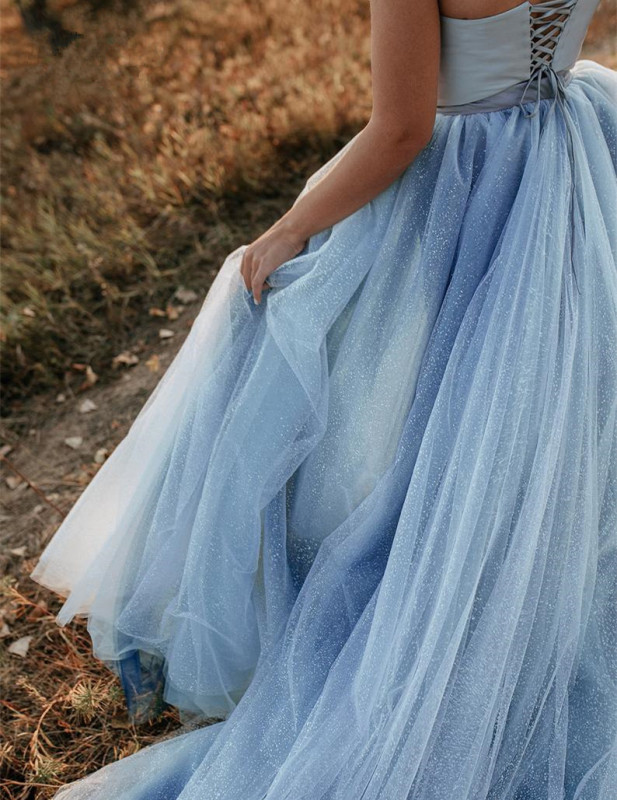 Dusty Blue Satin Tulle Long Train Wedding Skirt 2 Pieces Wedding Dress