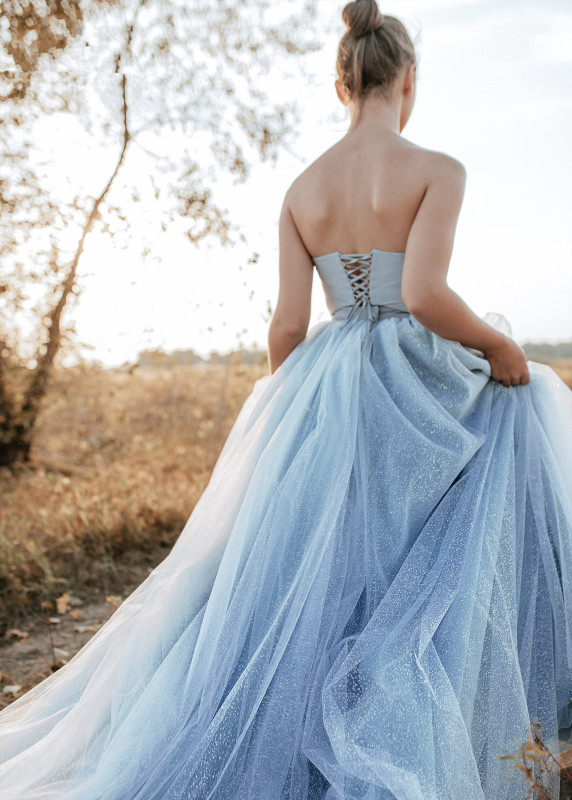 Dusty Blue Satin Tulle Long Train Wedding Skirt 2 Pieces Wedding Dress