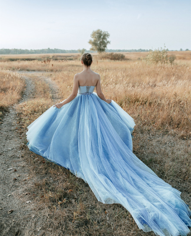 Dusty Blue Satin Tulle Long Train Wedding Skirt 2 Pieces Wedding Dress