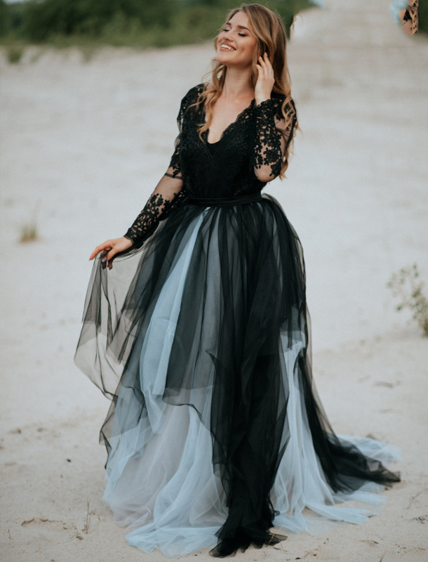 Black Lace Long Sleeve Wedding Top 2 Pieces Bridal Dress