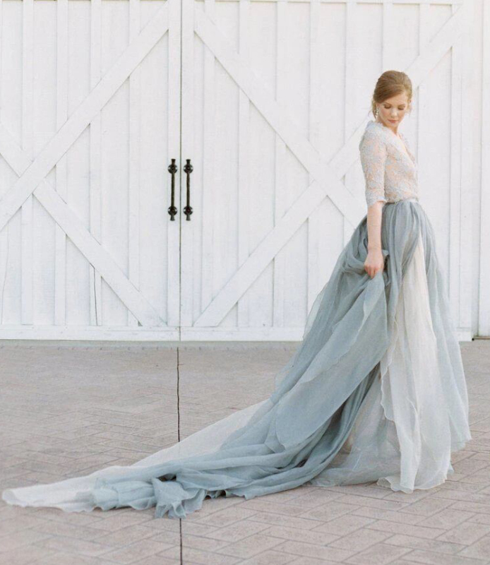 2 Pieces Dusty Blue Lace Chiffon Long Train Wedding Dress