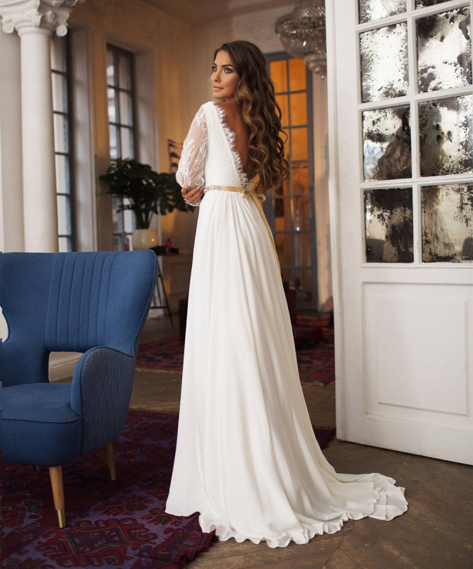 Ivory Lace Chiffon Short Train Wedding Dress Bridal Gown