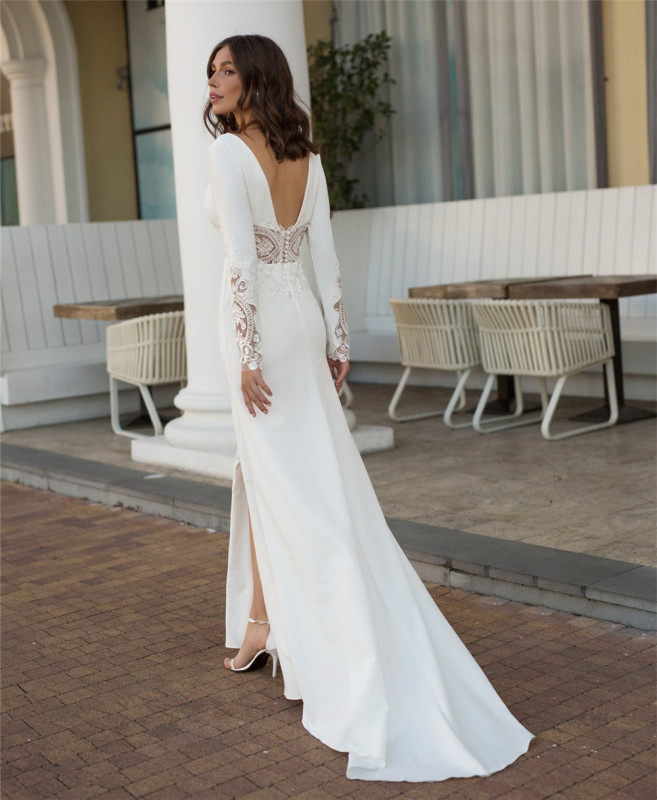 Ivory Lace Satin Short Train Wedding Dress Bridal Gown