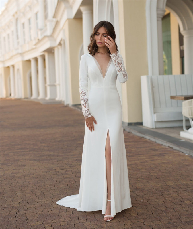 Ivory Lace Satin Short Train Wedding Dress Bridal Gown
