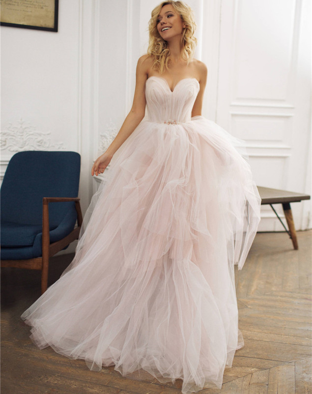 Blush Pink Tulle Short Train Wedding Dress Bridal Gown