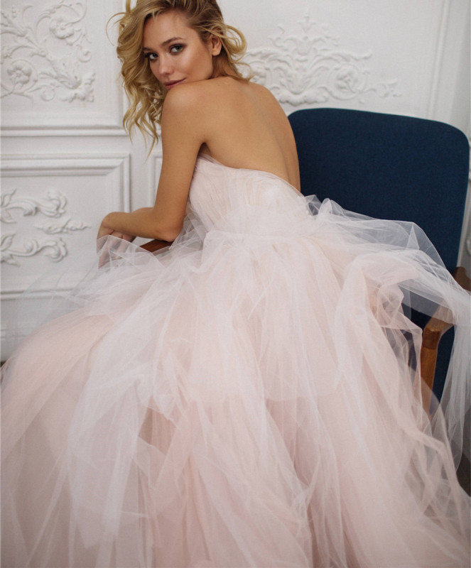 Blush Pink Tulle Short Train Wedding Dress Bridal Gown