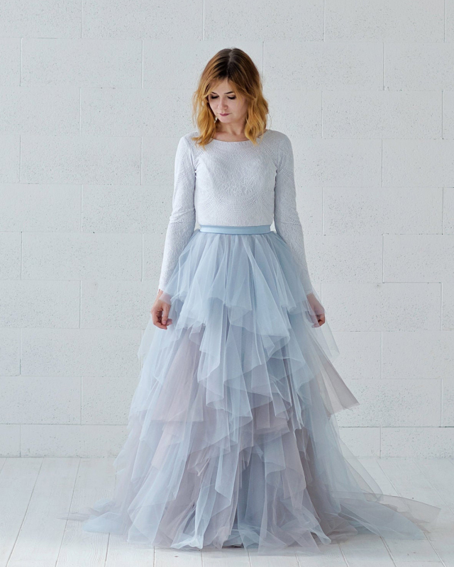 Dusty Blue Mix Color Tulle Short Train Bridal Skirt