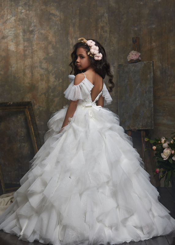 Ivory Blush Lace Organza Short Train  Little Girls Pageant Dress Free Shipping