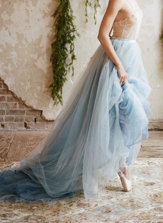 Dusty Blue Tulle Wedding Skirt 2 Pieces Wedding Dress