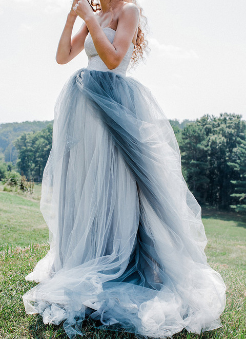 Dusty Blue Tulle Short Train Wedding Lace Up Wedding Dress