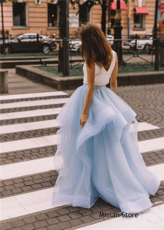 Light Blue Tulle Wedding Skirt 2 Pieces Wedding Dress