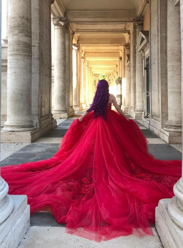 True Red  Tulle  2 Pieces Long Train Skirt Bridal Gown