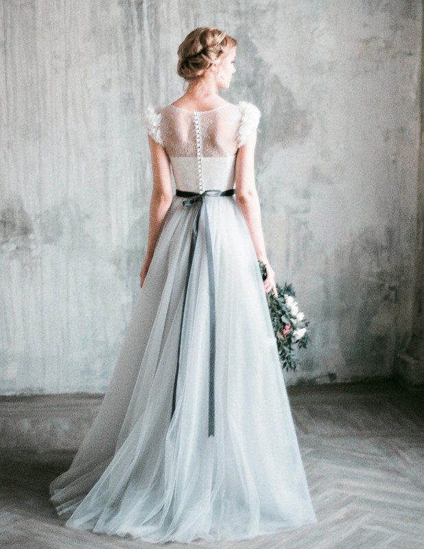 Light Grey Skirt Ivory Top Tulle Lace  Bridal Dress