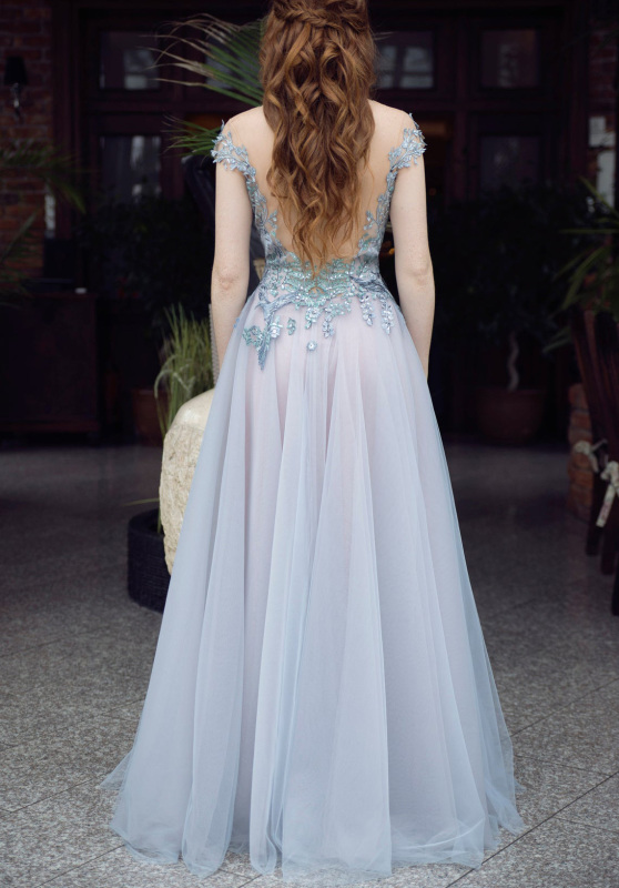 Grey Blue Floral Sexy Prom Dress