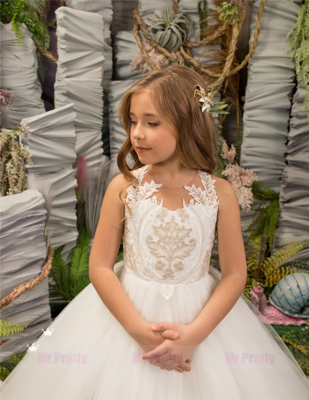 Ivory/Gold Lace  Little Girls Pageant Dress Flower Girl Dress