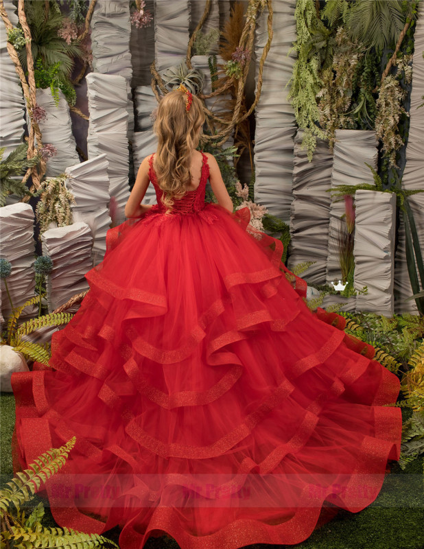 Red Lace Tulle Little Girls Pageant Dress Flower Girl Dress