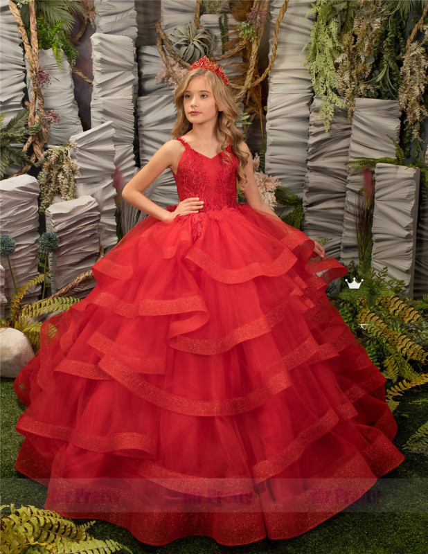 Red Lace Tulle Little Girls Pageant Dress Flower Girl Dress