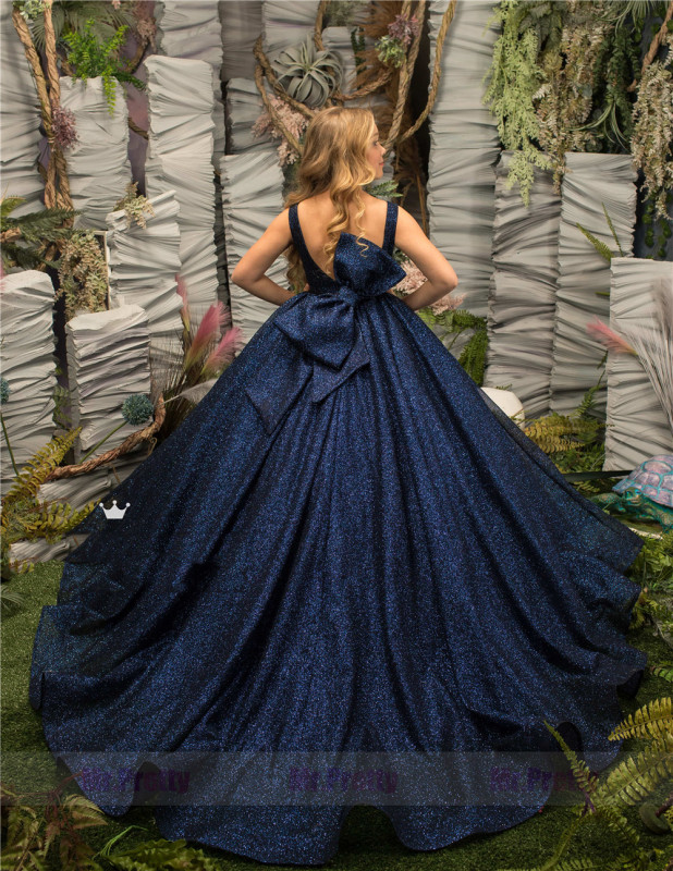 Navy Blue Sequin Big Bow  Little Girls Pageant Dress Flower Girl Dress