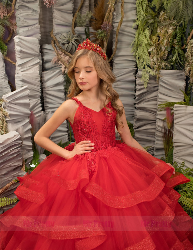 Red Lace Tulle Little Girls Pageant Dress Flower Girl Dress