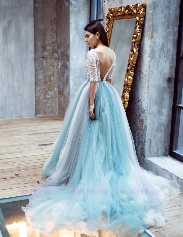 Mixed Color  Long Train Wedding Skirt Wedding Dress