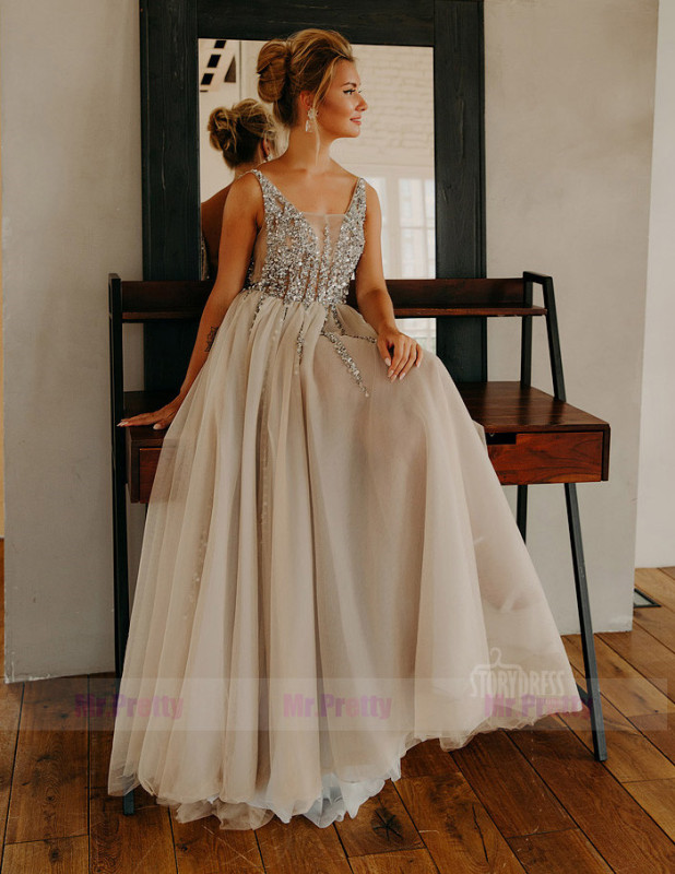 Light Grey Beaded Tulle  Sexy Prom Dress Special Occasion Dress