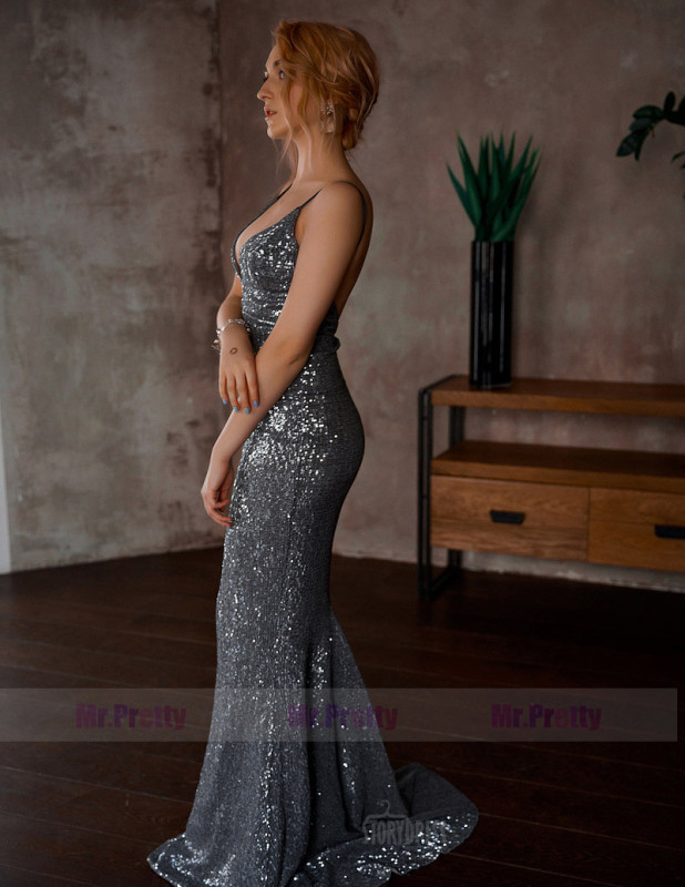 Silver Sequin Mermaid  Sexy Prom Dress Special Occasion Dress