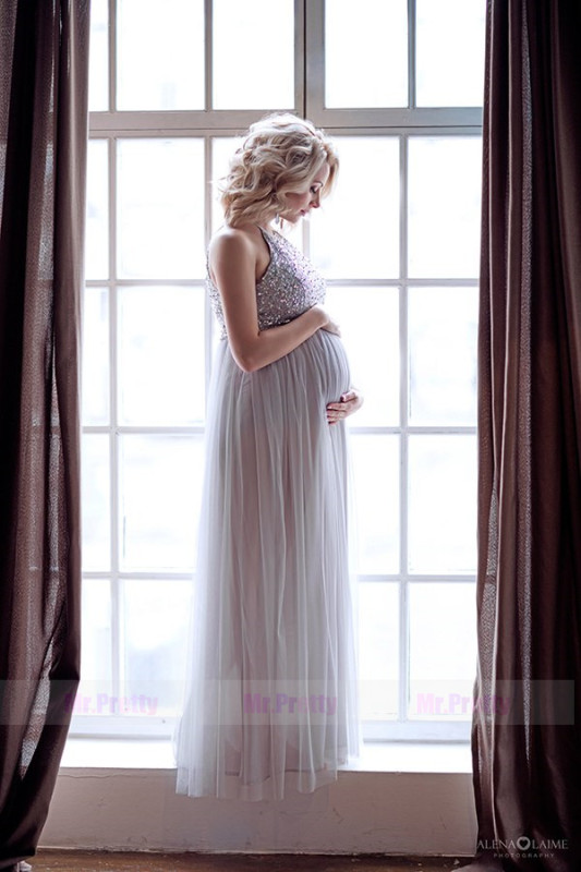 Silver Sequin Tulle Sexy Prom Dress Pregnant Dress