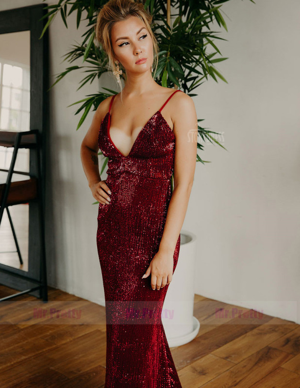 Burgundy Sequin Mermaid  Sexy Prom Dress Special Occasion Dress